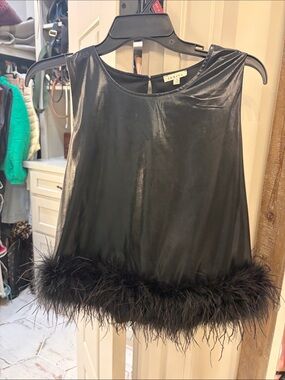 JODIFL Black Faux Leather Camisole with Feather Hem